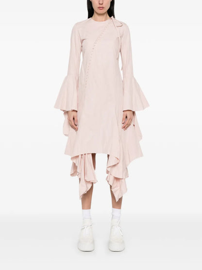 Asymmetric Frilled-Sleeves Midi Dress