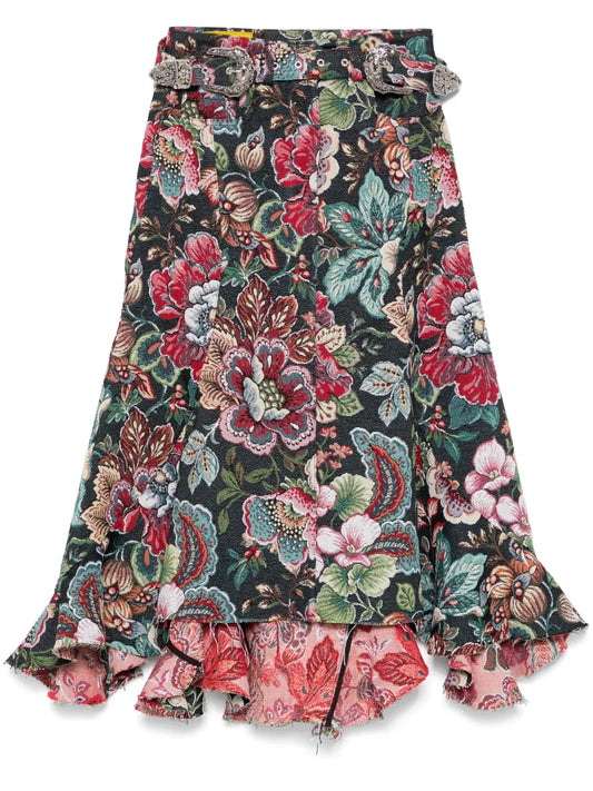 Belted Brocade Midi Skirt
