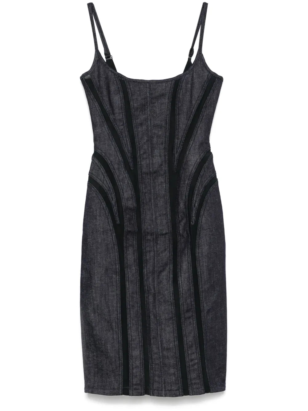 Mesh-Panel Denim Midi Dress