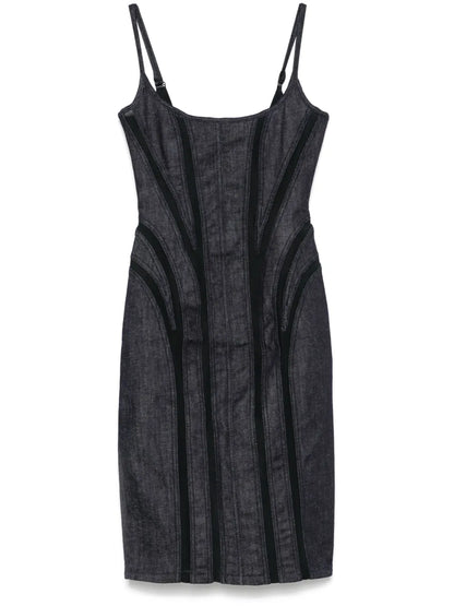 Mesh-Panel Denim Midi Dress