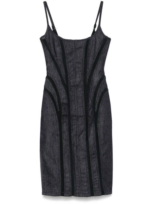 Mesh-Panel Denim Midi Dress
