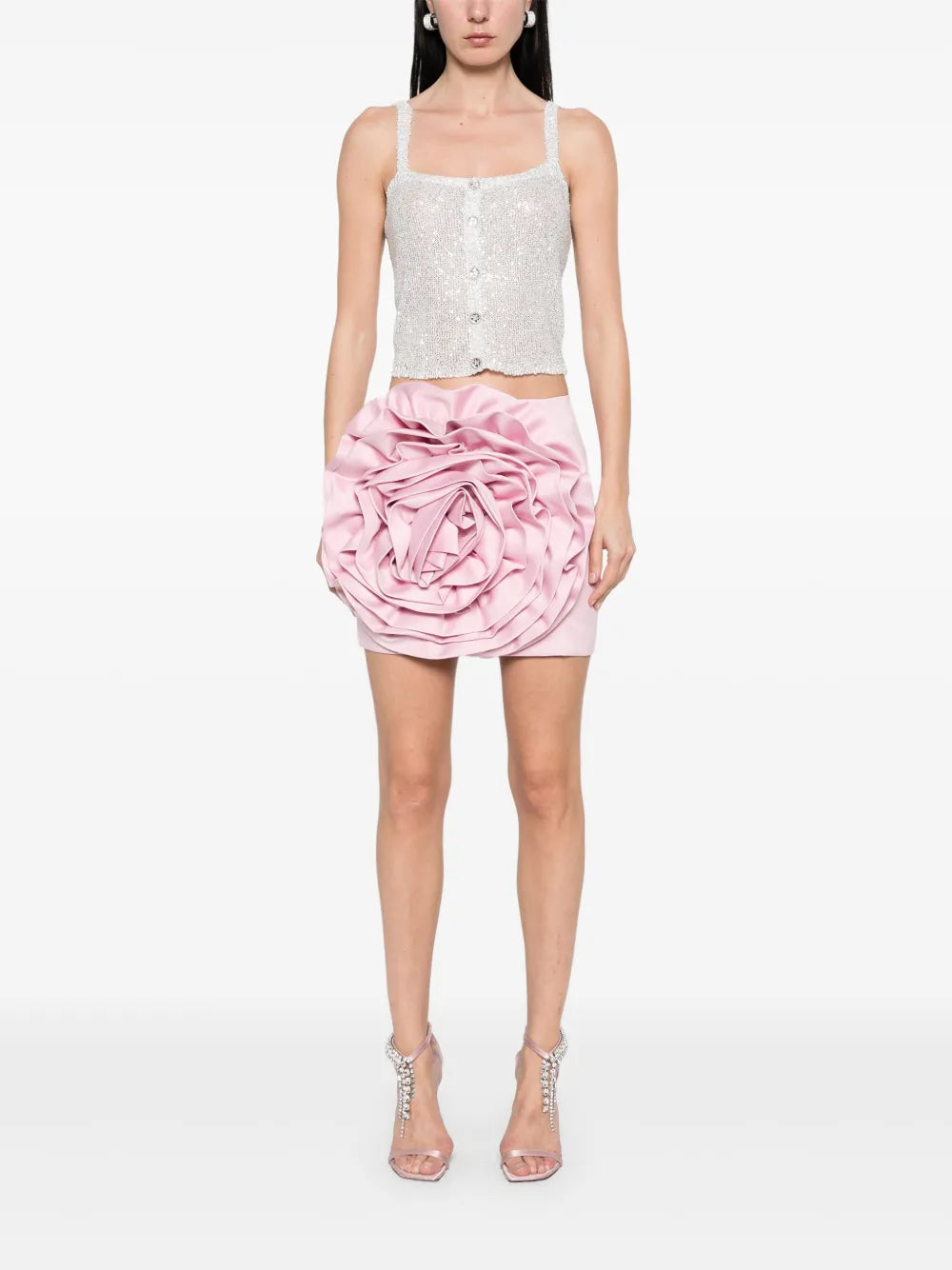 Floral-Appliqué Satin Mini Skirt