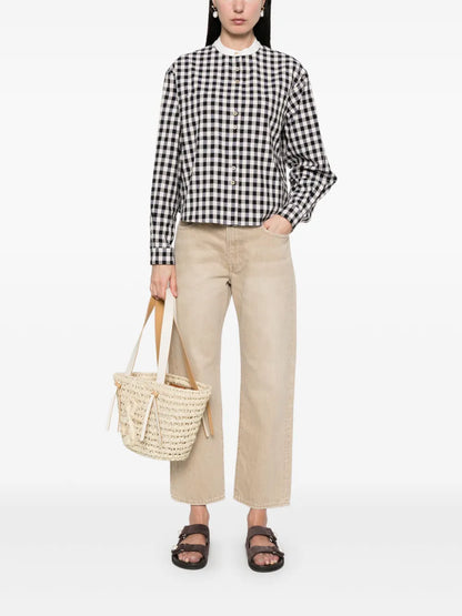 Granddad-Collar Gingham-Check Shirt