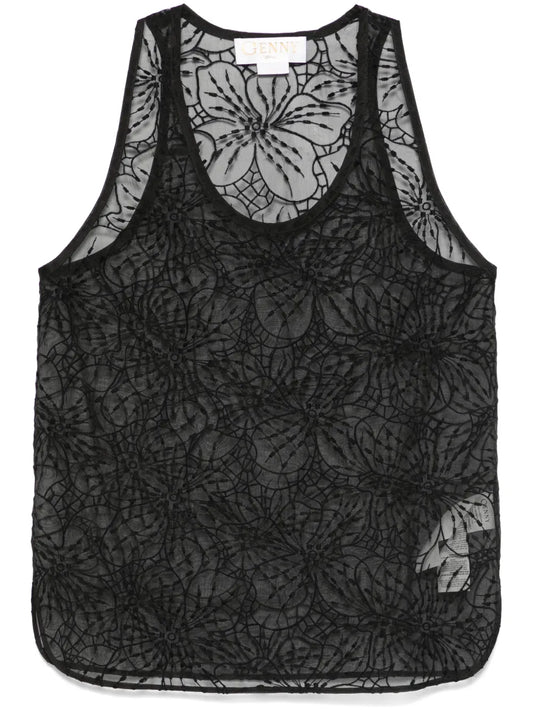 Floral-Embroidered Organza Tank Top