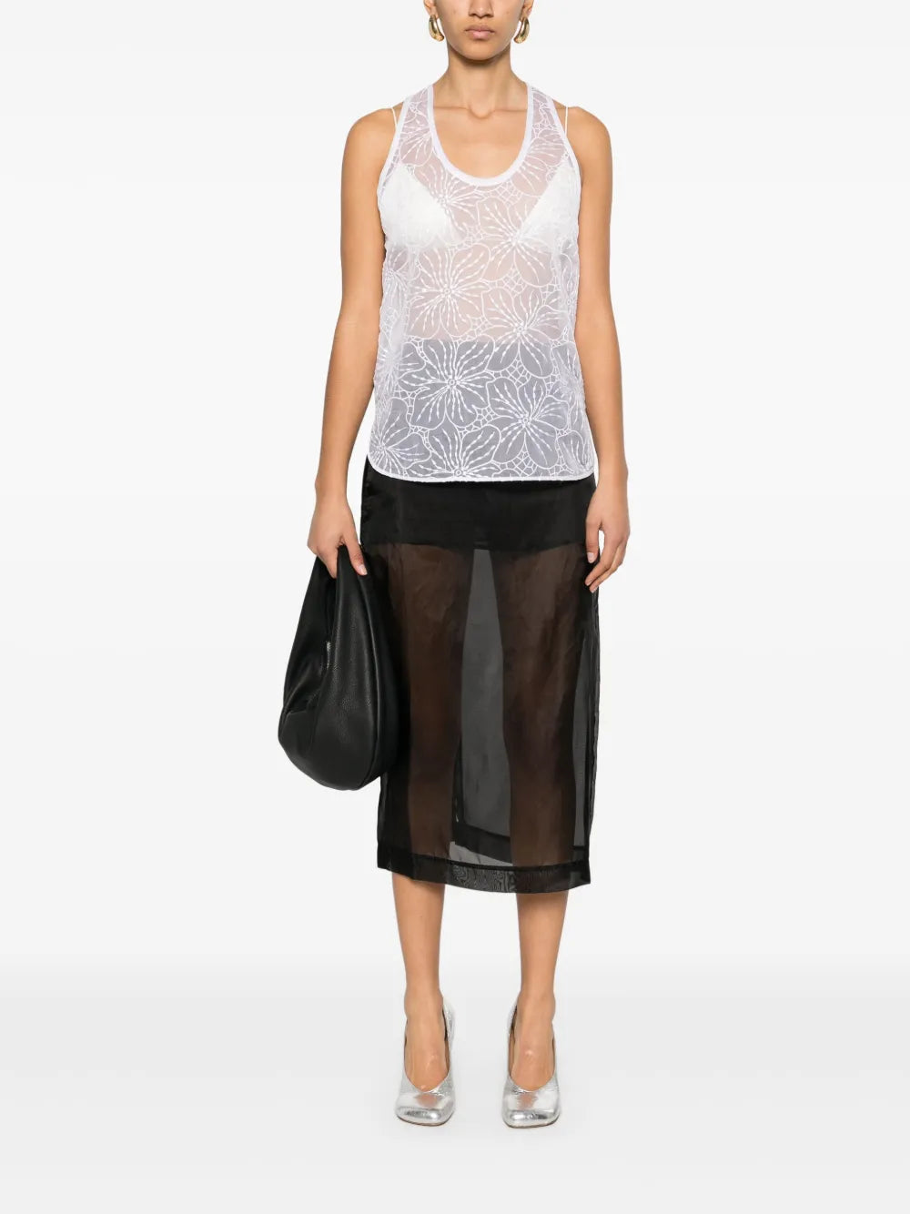 Floral-Embroidered Organza Tank Top