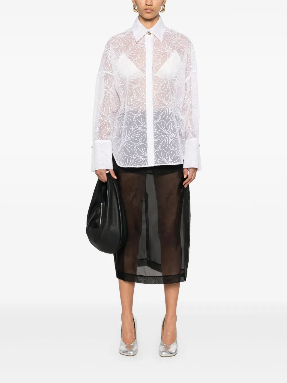 Floral-Embroidered Organza Shirt