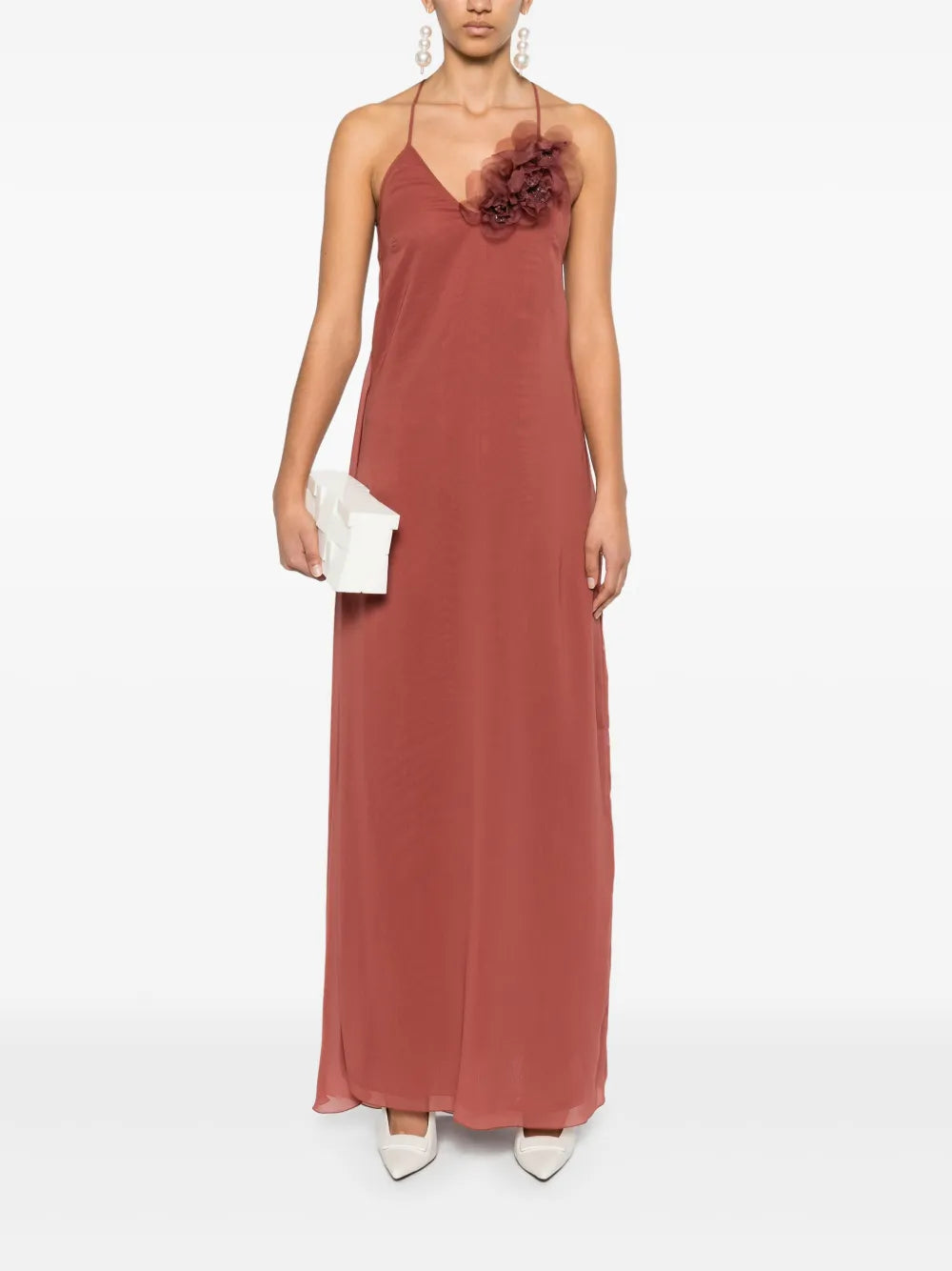 Floral-Appliqué Georgette Maxi Dress