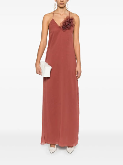 Floral-Appliqué Georgette Maxi Dress