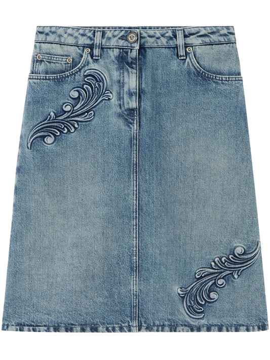 Barocco Denim A-Line Midi Skirt