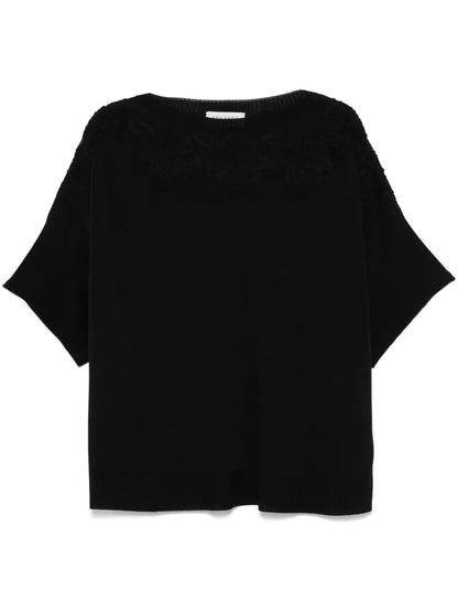 Floral-Lace Fine-Knit T-Shirt
