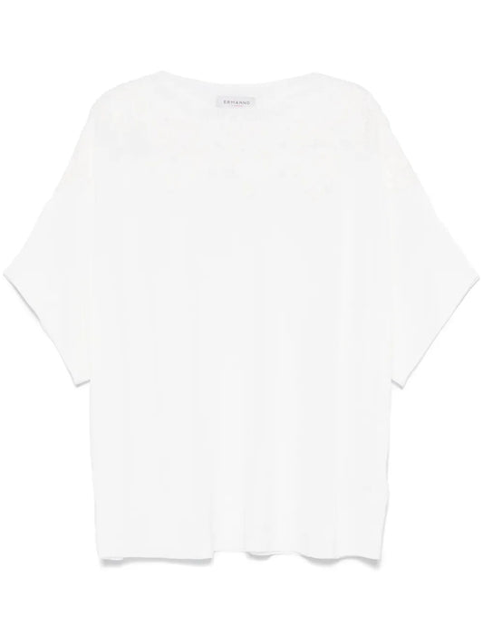 Floral-Lace Fine-Knit T-Shirt