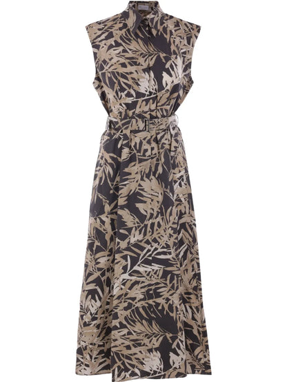 Leaf-Print Sleeveless Cotton Dress