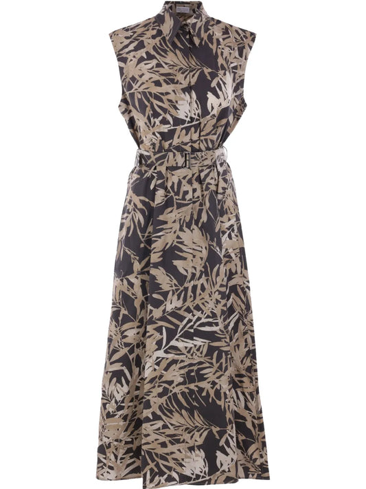Leaf-Print Sleeveless Cotton Dress
