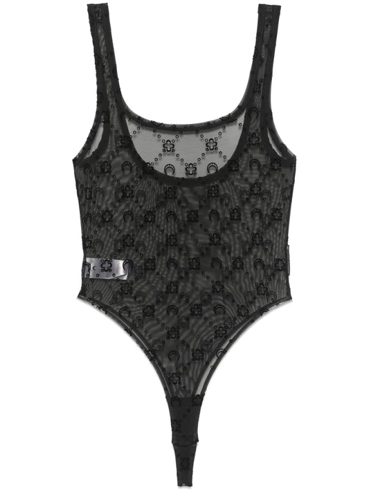 Flocked-Moonogram Mesh Bodysuit