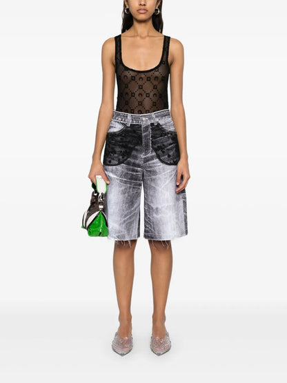 Flocked-Moonogram Mesh Bodysuit