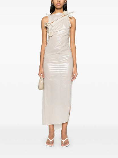 Floral-Appliqué Asymmetric Gown