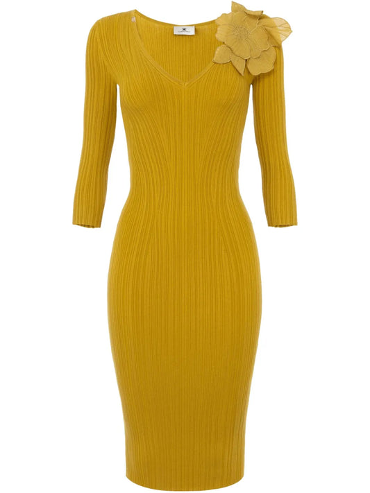 Flower-Appliqué Rib-Knit Dress