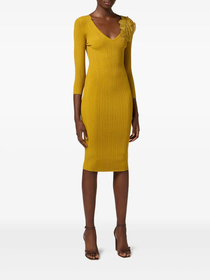 Flower-Appliqué Rib-Knit Dress