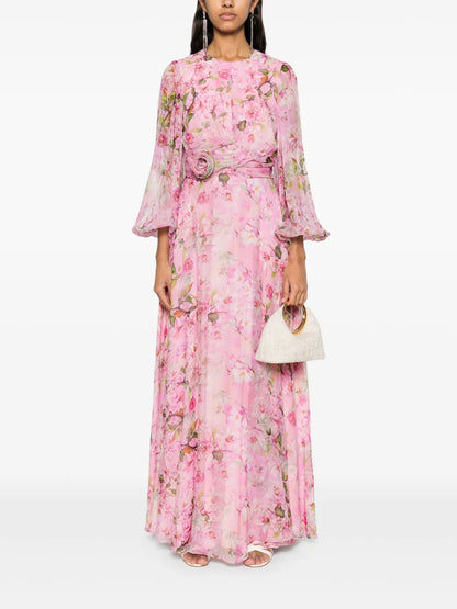 Floral-Appliqué Silk Gown