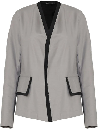 Collarless Distressed-Trim Jacket