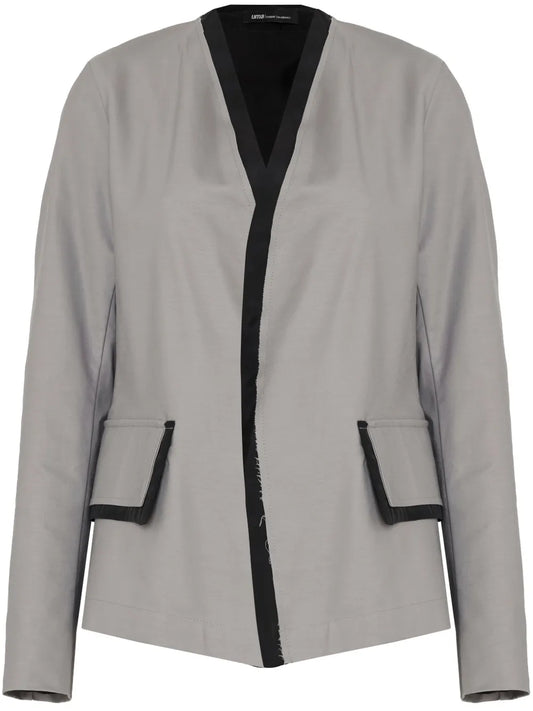 Collarless Distressed-Trim Jacket