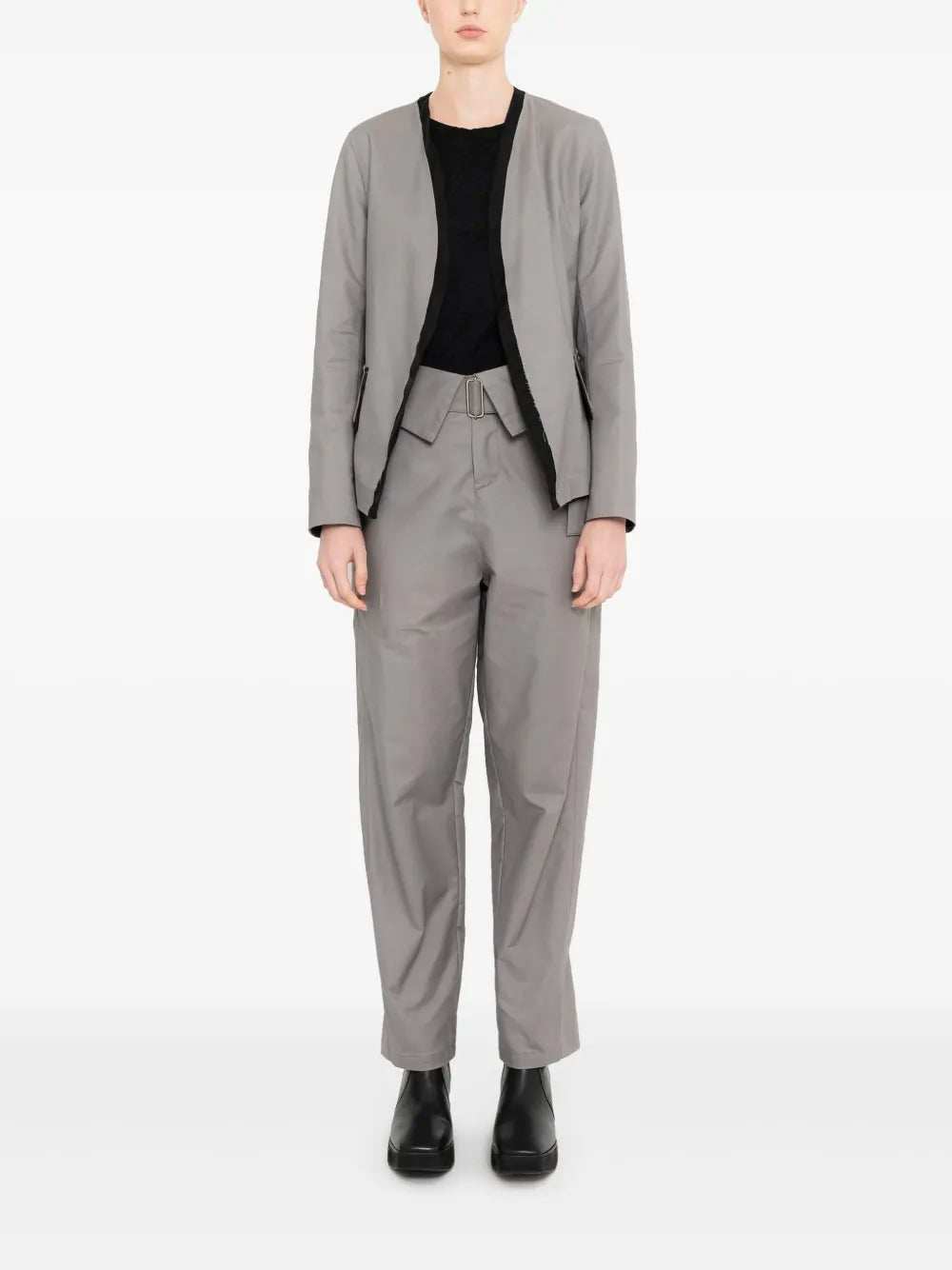 Collarless Distressed-Trim Jacket