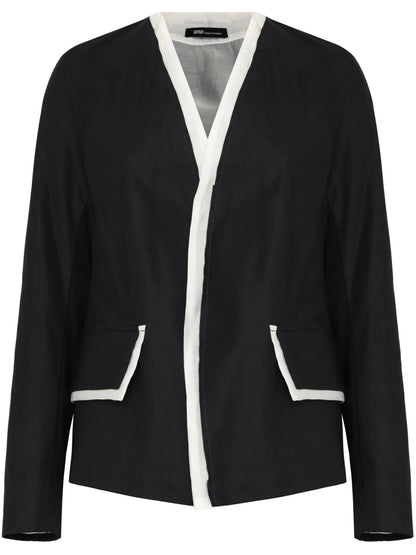 Collarless Distressed-Trim Jacket