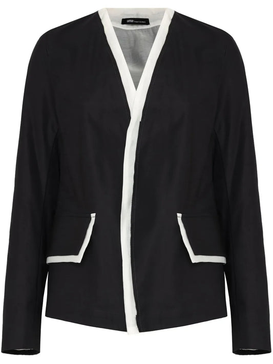 Collarless Distressed-Trim Jacket