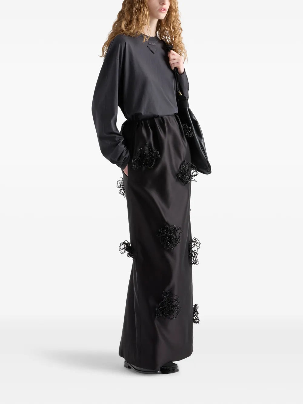 Embroidered Satin Maxi Skirt