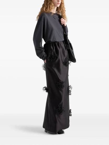 Embroidered Satin Maxi Skirt