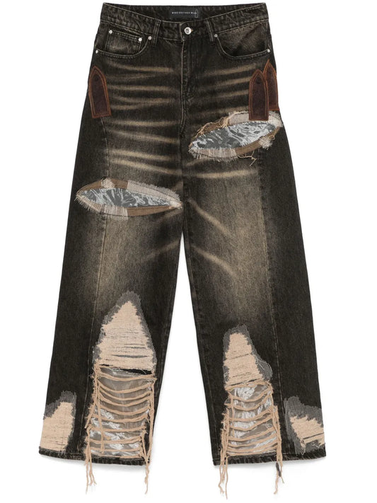 Low-Rise Organza-Overlay Jeans