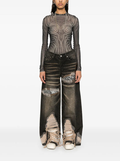 Low-Rise Organza-Overlay Jeans