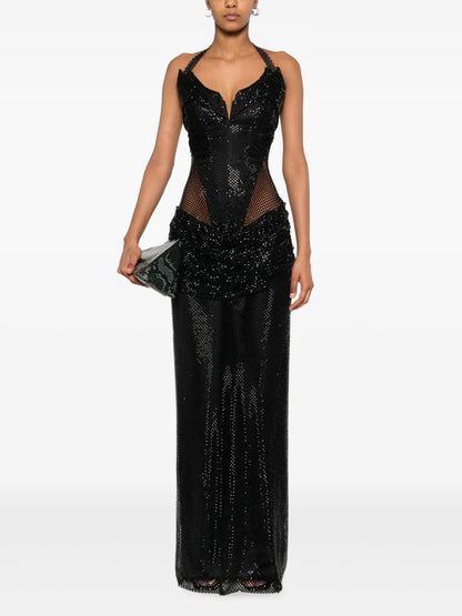 Crystal-Embellished Mesh Maxi Dress