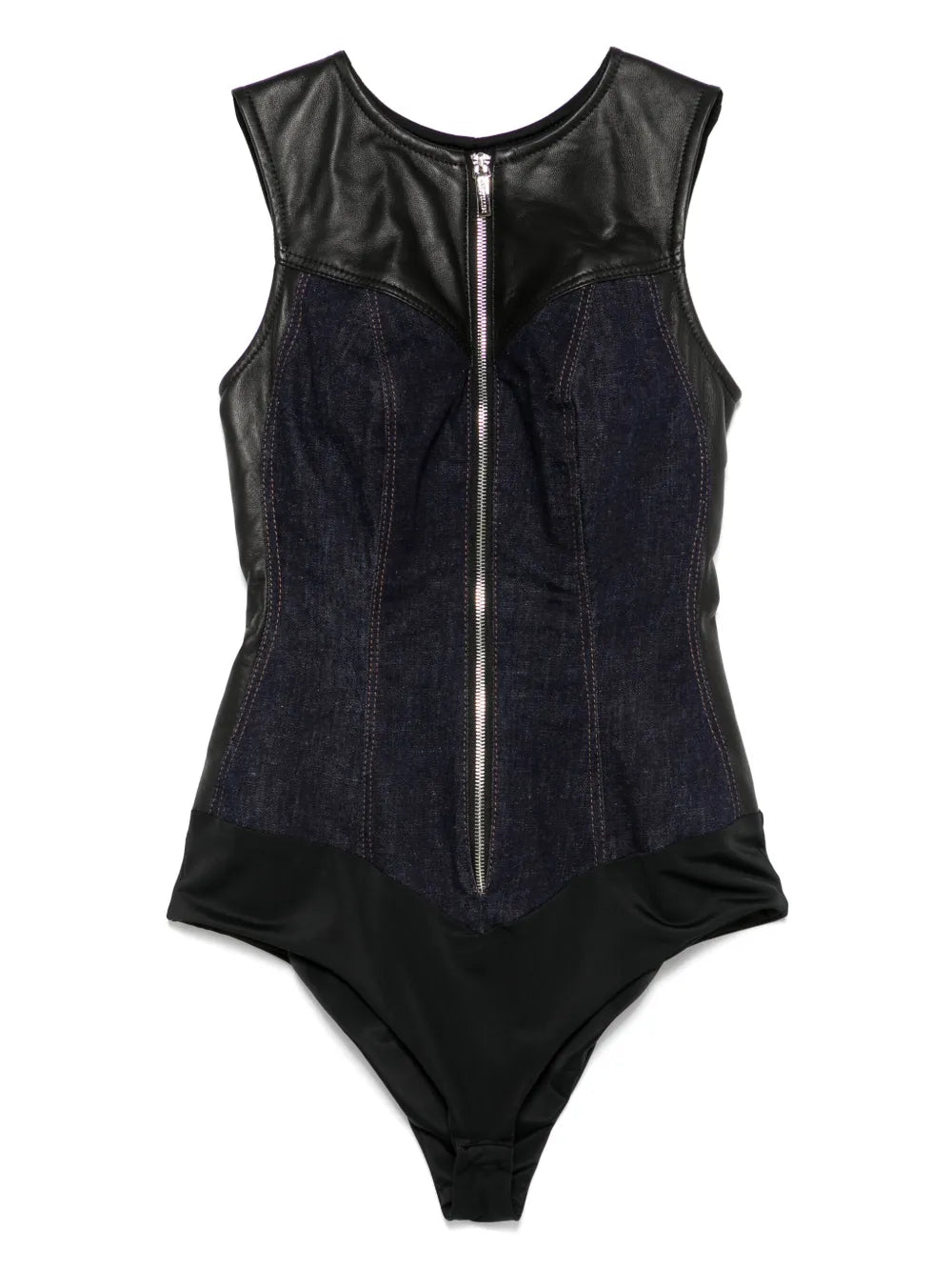 Leather-Insert Denim Bodysuit