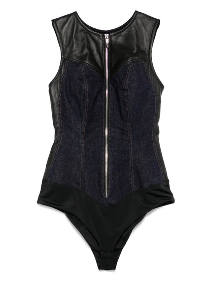 Leather-Insert Denim Bodysuit