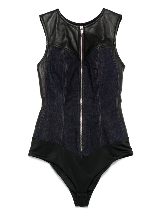 Leather-Insert Denim Bodysuit