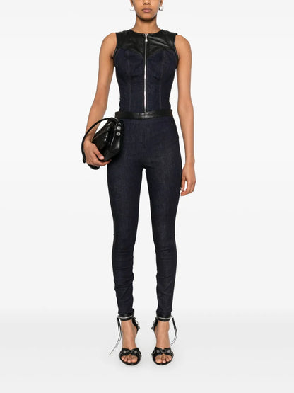 Leather-Insert Denim Bodysuit