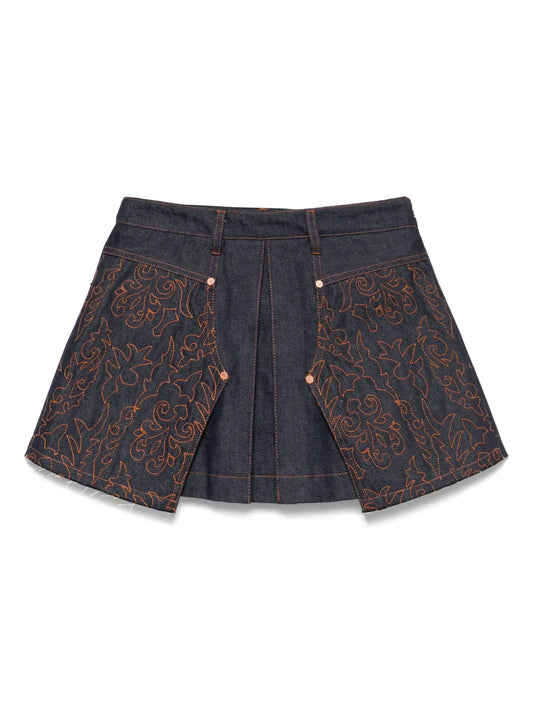 Embroidered-Panel Pleated Mini Skirt