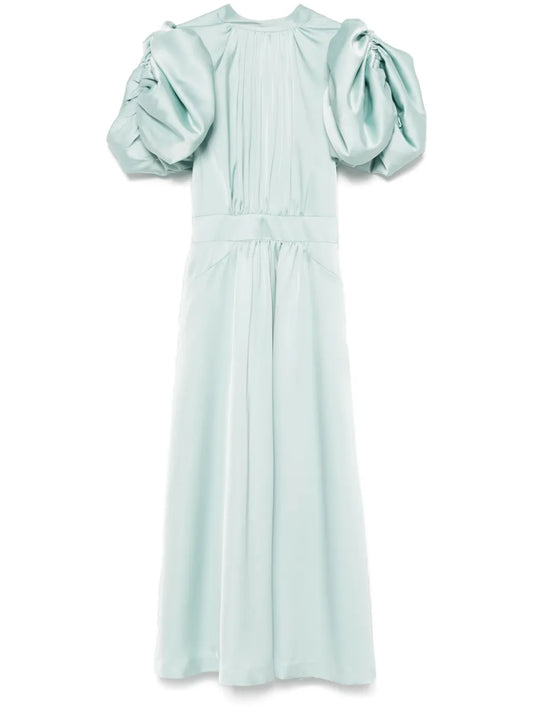 Puff-Sleeve Satin Midi Dress