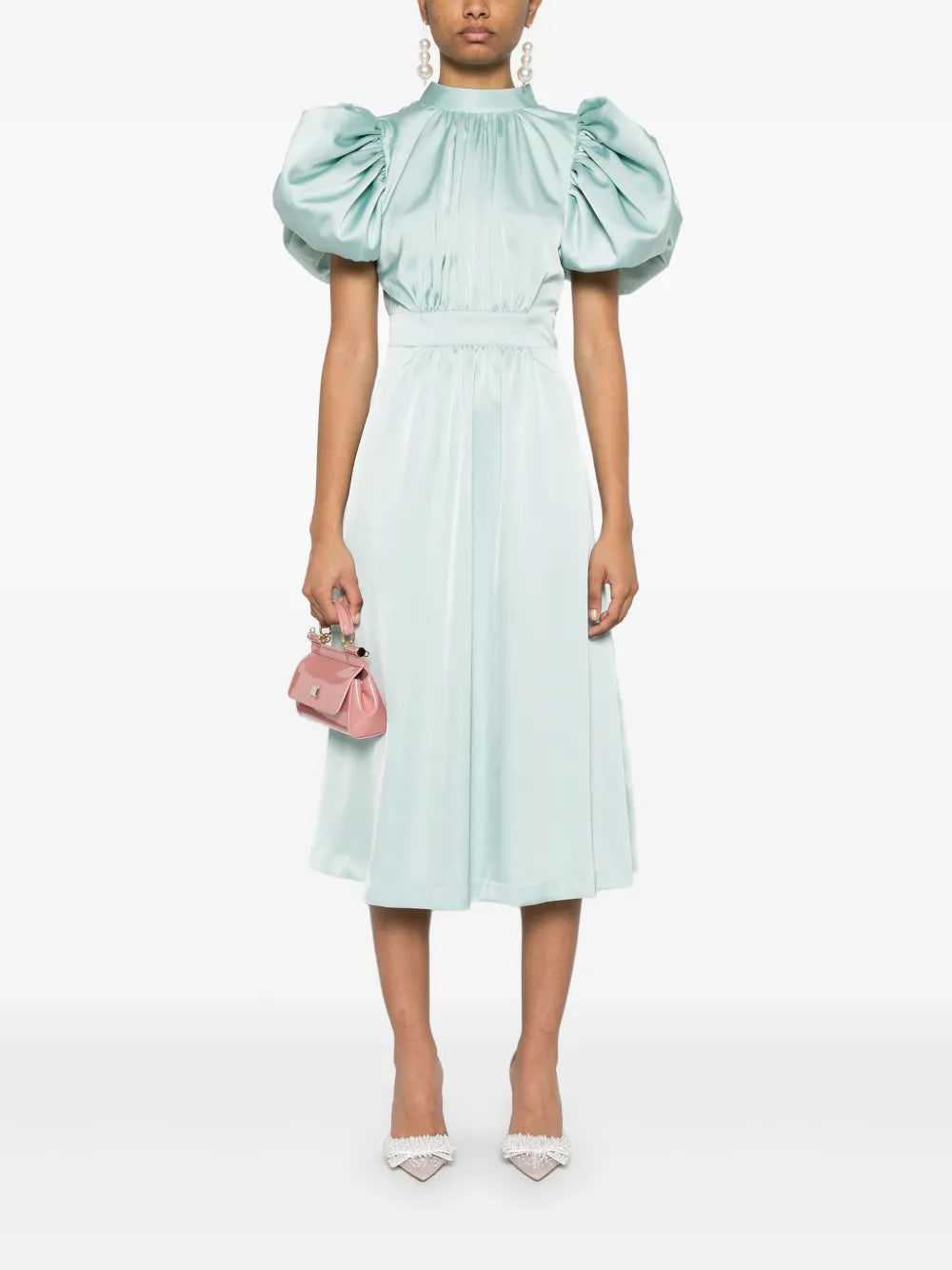 Puff-Sleeve Satin Midi Dress