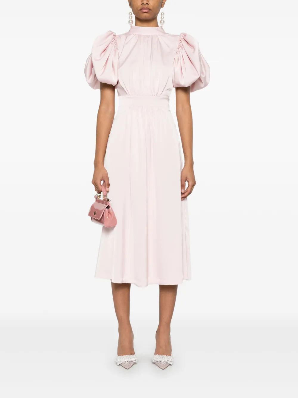 Puff-Sleeve Satin Midi Dress