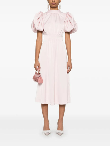 Puff-Sleeve Satin Midi Dress