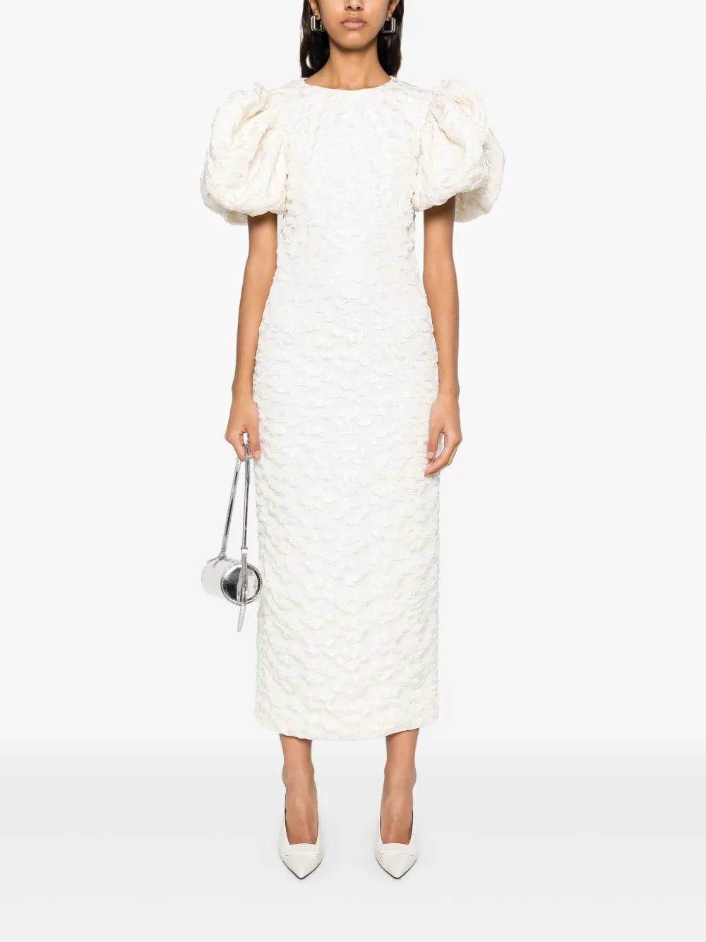 Jacquard Puff-Sleeve Midi Dress