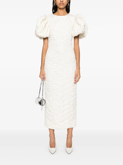 Jacquard Puff-Sleeve Midi Dress