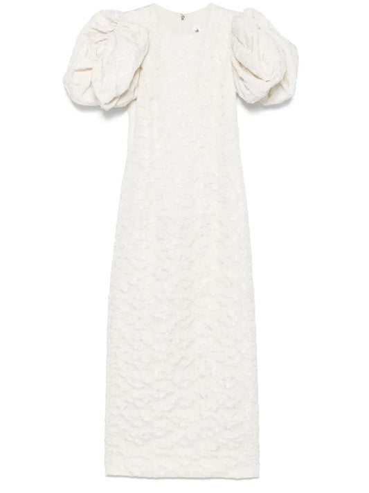 Jacquard Puff-Sleeve Midi Dress