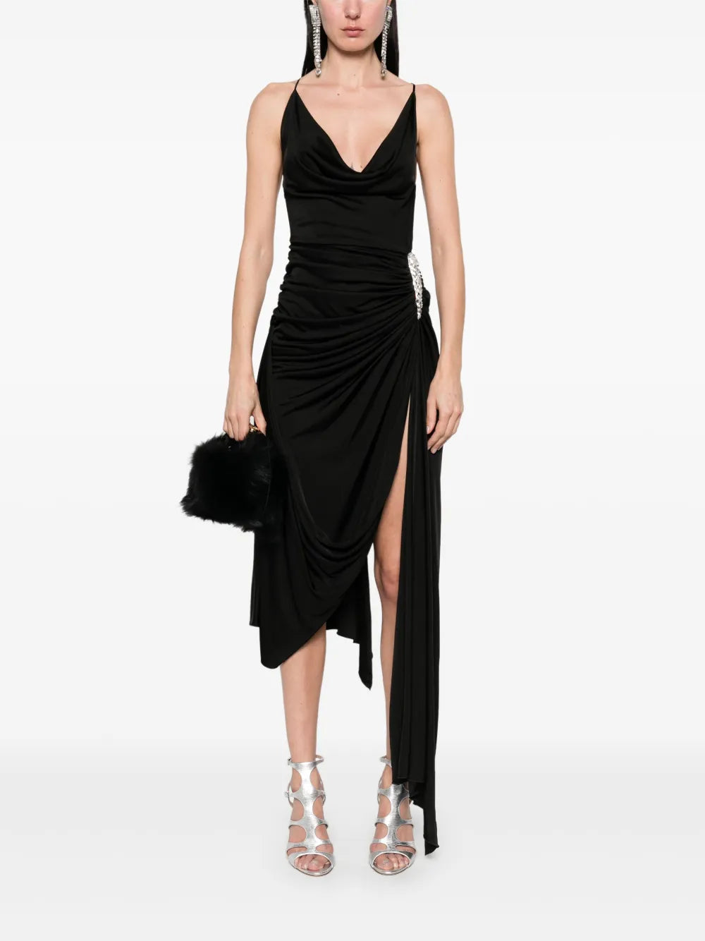 Crystal-Claw Detailed Asymmetric Midi Dress