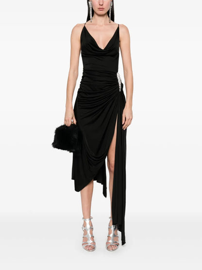 Crystal-Claw Detailed Asymmetric Midi Dress