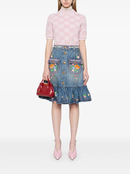 Floral-Embroidered Midi Skirt