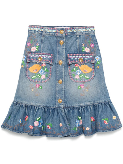 Floral-Embroidered Midi Skirt