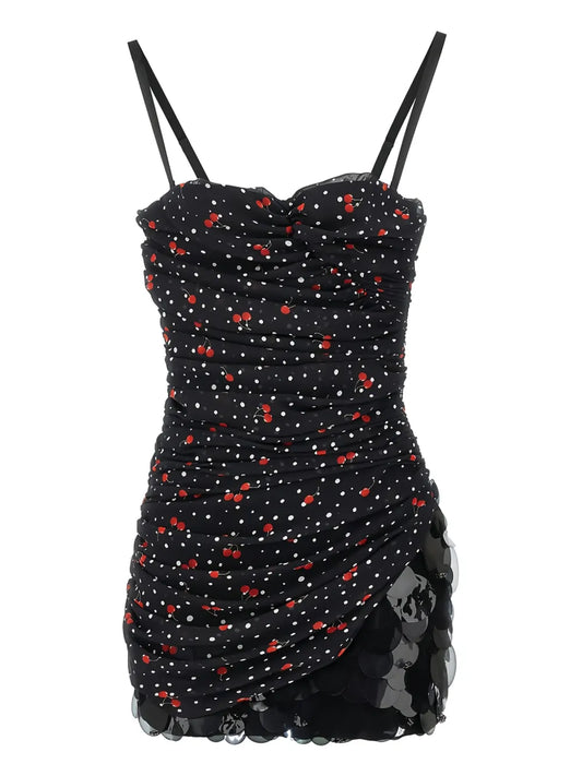 Ruched Cherry Polka-Dot Dress